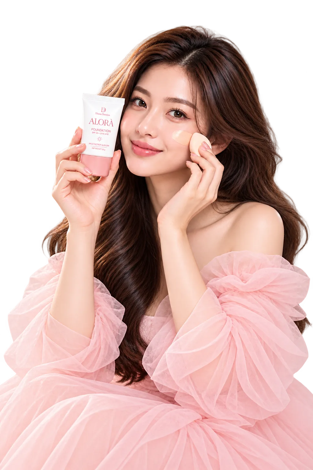 Model holding ALORÀ Foundation and blending it with a sponge